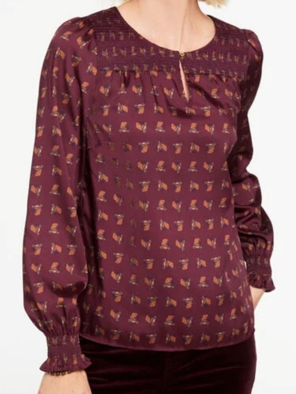 Talbots Plum Horse-Print Smocked Yoke Top